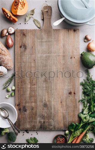 Cooking pot and various organic ingredients, top view, cooking concept