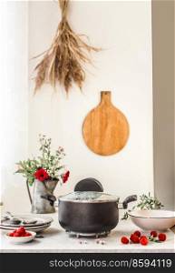 Cooking pot with breakfast porridge on kitchen table with  berries, plates, flowers and bowls at wall background with wooden cutting board. Preparing healthy food with raspberries. Front view.