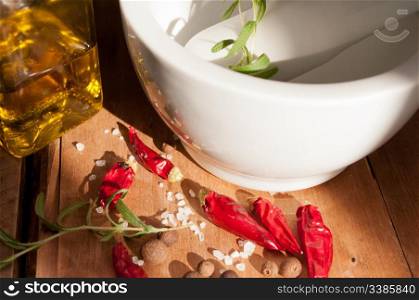 Cooking - Preparing of Marinade in Mortar - Red Chillies, Rosemary, Salt and Allspice