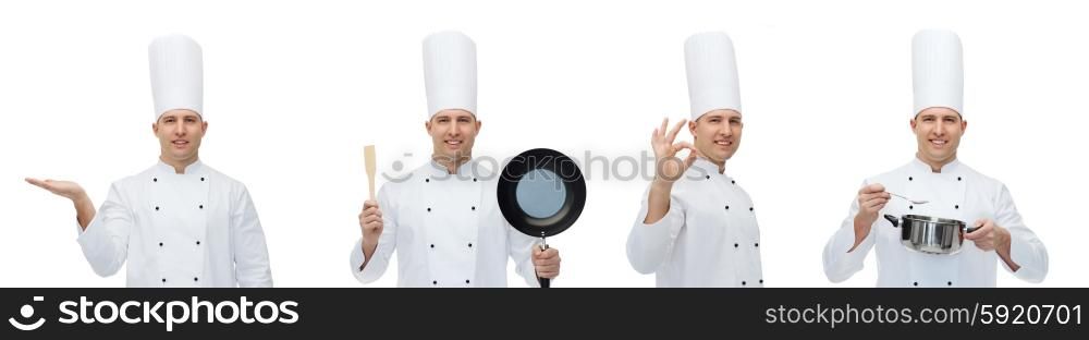 cooking, profession, advertisement and people concept - happy male chef cook in toque holding kitchen utensils and showing ok hand sign