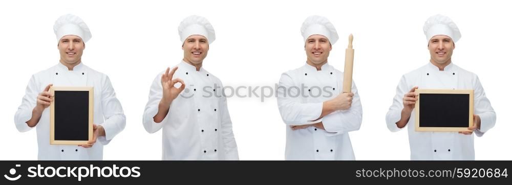 cooking, profession, advertisement and people concept - happy male chef cook or baker in toque holding blank menu board, rolling pin and showing ok hand sign