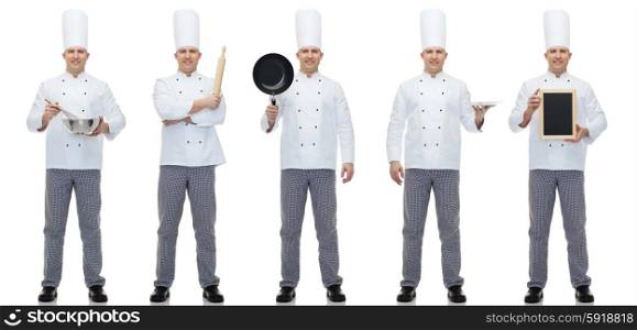 cooking, profession, advertisement and people concept - happy male chef cook showing and holding blank menu and kitchen utensils board