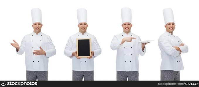 cooking, profession, advertisement and people concept - happy male chef cook showing and holding blank menu board
