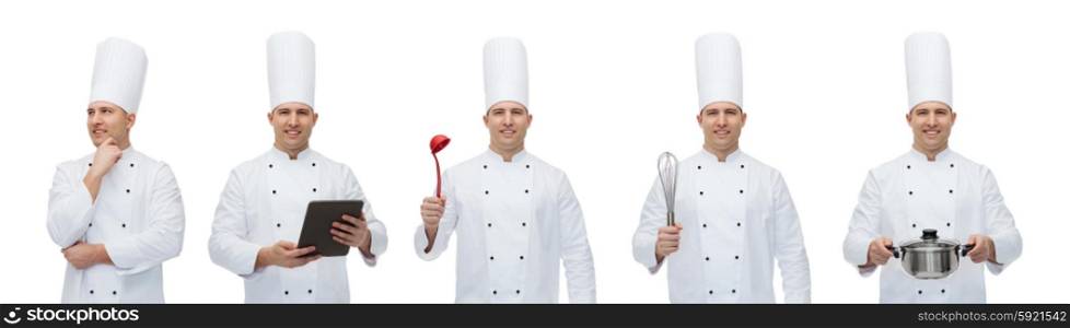 cooking, profession, culinary and people concept - happy male chef cook set with kitchen utensils ant tablet pc computer