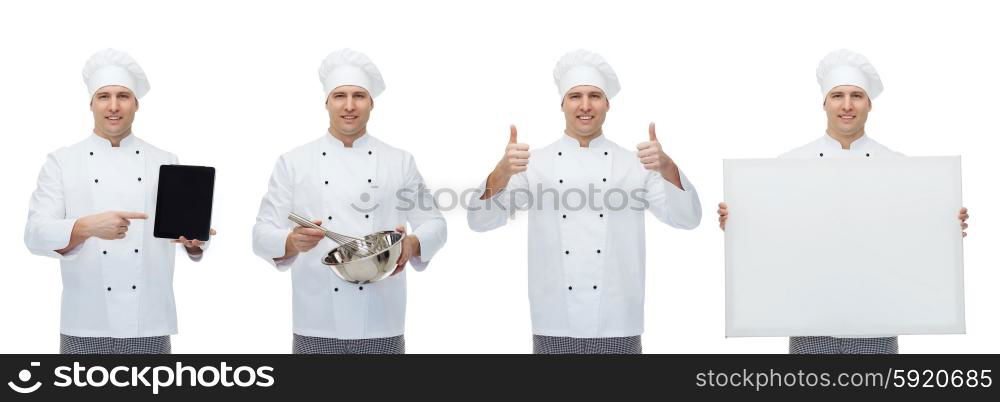 cooking, profession, culinary and people concept - happy male chef cook with tablet pc computer, blank white board whisking something in bowl and showing thumbs up gesture