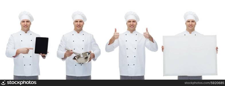 cooking, profession, culinary and people concept - happy male chef cook with tablet pc computer, blank white board whisking something in bowl and showing thumbs up gesture