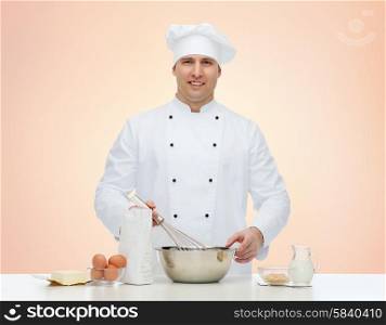 cooking, profession, haute cuisine, food and people concept - happy male chef cook baking over beige background