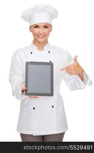 cooking, technology and food concept - smiling female chef, cook or baker with tablet pc computer blank screen