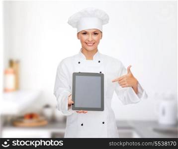 cooking, technology and food concept - smiling female chef, cook or baker with tablet pc computer blank screen