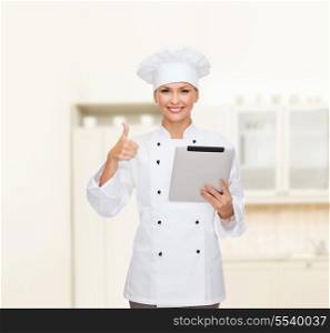 cooking, technology and food concept - smiling female chef, cook or baker with tablet pc computer showing thumbs up