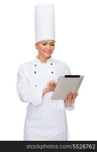 cooking, technology and food concept - smiling female chef with tablet pc computer