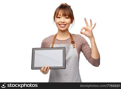 cooking, technology and people concept - happy smiling female chef or waitress in apron showing tablet pc computer with empty screen over white background. happy woman in apron with tablet pc computer