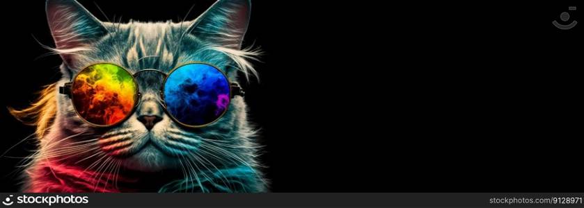 Cool and colorful cat on black background with copy spce. Rainbow colors. Diversity, tolerance, inclusion concept. Different and unique to be. Fashionable kitty. Banner with empty space. Generative AI