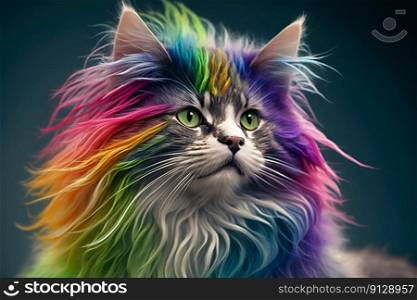 Cool and colorful cat. Rainbow colors. Diversity, tolerance, inclusion concept. Different and unique to be. Fashionable kitty. Generative AI. Cool and colorful cat. Rainbow colors. Diversity, tolerance, inclusion concept. Different and unique to be. Fashionable kitty. Generative AI.