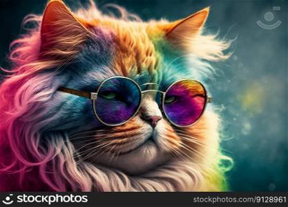Cool and colorful cat with sunglasses. Rainbow colors. Diversity, tolerance, inclusion concept. Different and unique to be. Fashionable kitty. Generative AI. Cool and colorful cat with sunglasses. Rainbow colors. Diversity, tolerance, inclusion concept. Different and unique to be. Fashionable kitty. Generative AI.