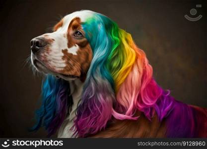 Cool and colorful dog. Rainbow colors. Diversity, tolerance, inclusion concept. Different and unique to be. Fashionable doggy. Generative AI. Cool and colorful dog. Rainbow colors. Diversity, tolerance, inclusion concept. Different and unique to be. Fashionable doggy. Generative AI.