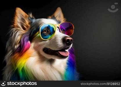 Cool and colorful dog with sunglasses. Rainbow colors. Diversity, tolerance, inclusion concept. Different and unique to be. Fashionable doggy. Generative AI. Cool and colorful dog with sunglasses. Rainbow colors. Diversity, tolerance, inclusion concept. Different and unique to be. Fashionable doggy. Generative AI.