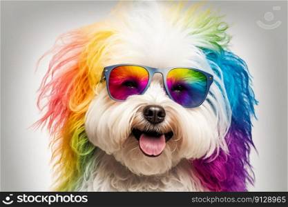 Cool and colorful dog with sunglasses. Rainbow colors. Diversity, tolerance, inclusion concept. Different and unique to be. Fashionable doggy. Generative AI. Cool and colorful dog with sunglasses. Rainbow colors. Diversity, tolerance, inclusion concept. Different and unique to be. Fashionable doggy. Generative AI.