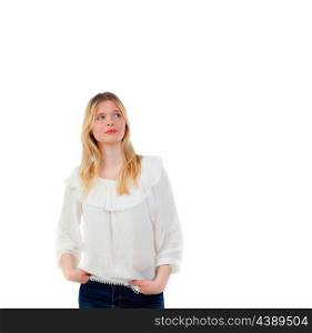 Cool blonde girl thinking isolated on a white background