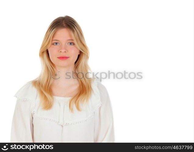 Cool blonde girl thinking isolated on a white background