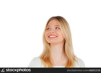Cool blonde girl thinking isolated on a white background