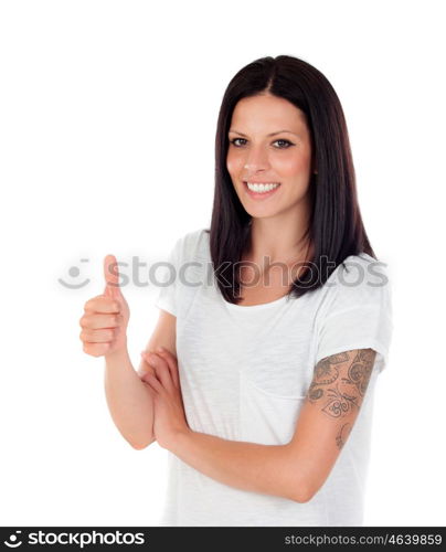 Cool brunette girl saying Ok with thumbs up