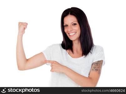 Cool brunette woman pointing her biceps isolated on white background