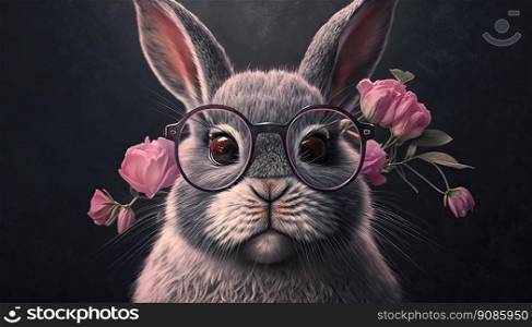 Cool bunny wearing glasses on a dark color background. Vision health at easter. Generative AI