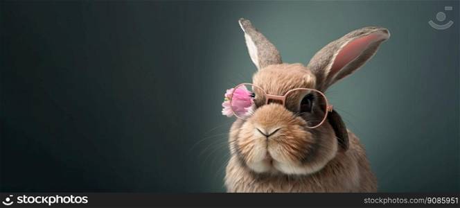 Cool bunny wearing glasses on a dark color background. Vision health at easter. Generative AI