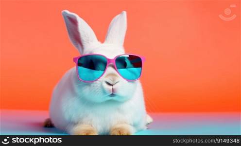 Cool bunny with sunglasses on a colorful background. Happy Easter card by generative AI