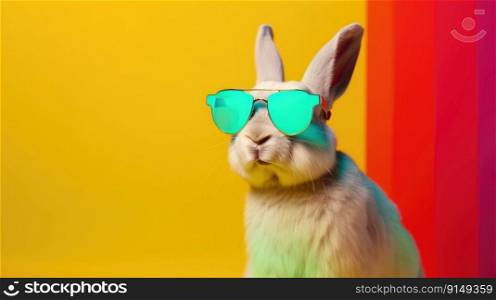 Cool bunny with sunglasses on a colorful background. Happy Easter card by generative AI