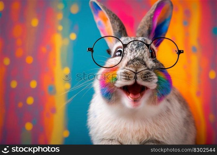 Cool bunny with sunglasses on colorful background. Generative Ai