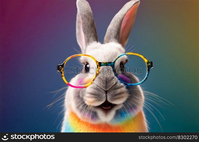 Cool bunny with sunglasses on easter background. Generative Ai