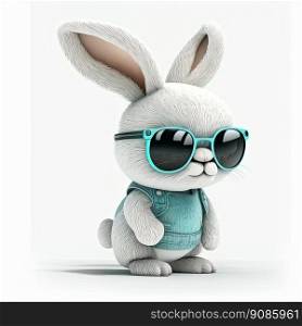 Cool bunny with sunglasses on white background. Happy Easter card. Generative AI