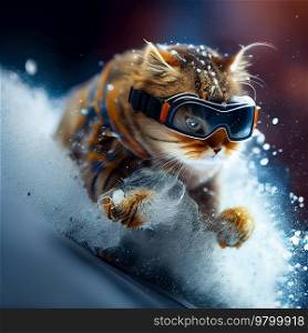 Cool cat in ski goggles rides a snowboard. Illustration AI Generative 