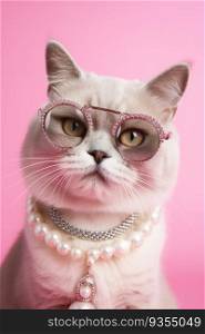 Cool cat with neckless and glasses on pink background. Fashionable appearance, be trendy. Style and fashion. Stylish pet. Jewelry, accessories. Generative AI. Cool cat with neckless and glasses on pink background. Fashionable appearance, be trendy. Style and fashion. Stylish pet. Jewelry, accessories. Generative AI.