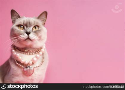 Cool cat with neckless on pink background. Fashionable appearance, be trendy. Copy space for text. Style and fashion. Stylish pet. Jewelry, accessories. Generative AI. Cool cat with neckless on pink background. Fashionable appearance, be trendy. Copy space for text. Style and fashion. Stylish pet. Jewelry, accessories. Generative AI.