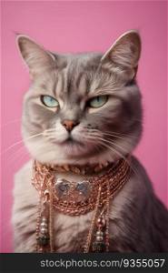 Cool cat with neckless on pink background. Fashionable appearance, be trendy. Style and fashion. Stylish pet. Jewelry, accessories. Generative AI. Cool cat with neckless on pink background. Fashionable appearance, be trendy. Style and fashion. Stylish pet. Jewelry, accessories. Generative AI.