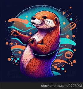 Cool colorful dancing otter. Pop art style in neon colors. Generative AI. Not based on any actual scene. Colorful party dancing otter. Generative AI Not based on any actual scene
