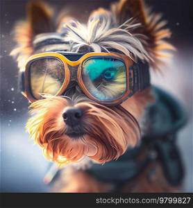 Cool Dog in ski goggles rides a snowboard. Illustration AI Generative 