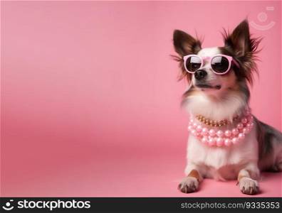Cool dog with sunglasses and neckless on pink background. Copy space for text. Fashionable appearance, be trendy. Style and fashion. Stylish pet. Jewelry, accessories. Generative AI. Cool dog with sunglasses and neckless on pink background. Copy space for text. Fashionable appearance, be trendy. Style and fashion. Stylish pet. Jewelry, accessories. Generative AI.