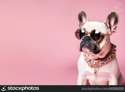 Cool dog with sunglasses and neckless on pink background. Copy space for text. Fashionable appearance, be trendy. Style and fashion. Stylish pet. Jewelry, accessories. Generative AI. Cool dog with sunglasses and neckless on pink background. Copy space for text. Fashionable appearance, be trendy. Style and fashion. Stylish pet. Jewelry, accessories. Generative AI.