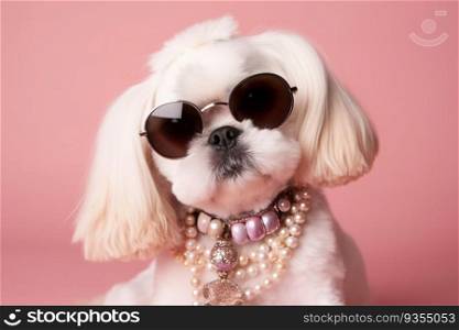 Cool dog with sunglasses and neckless on pink background. Fashionable appearance, be trendy. Style and fashion. Stylish pet. Jewelry, accessories. Generative AI. Cool dog with sunglasses and neckless on pink background. Fashionable appearance, be trendy. Style and fashion. Stylish pet. Jewelry, accessories. Generative AI.