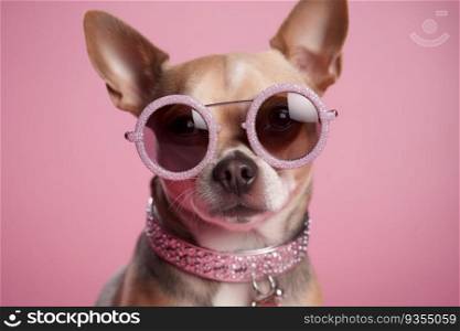 Cool dog with sunglasses and neckless on pink background. Fashionable appearance, be trendy. Style and fashion. Stylish pet. Jewelry, accessories. Generative AI. Cool dog with sunglasses and neckless on pink background. Fashionable appearance, be trendy. Style and fashion. Stylish pet. Jewelry, accessories. Generative AI.