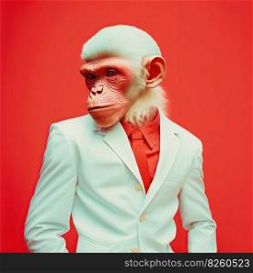 Cool fashion albino monkey in stylish white suit and tie, red shirt, red background. Pop art modern style portrait and lifestyle concept. Contemporary art, creative idea. Generative AI. Fashion monkey in white suit portrait, red background. Generative AI