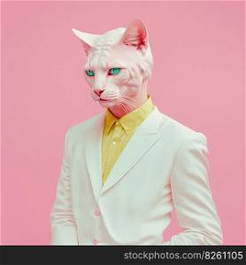 Cool fashion cat in stylish shirt and suit on pink background. Pop art modern style and lifestyle concept. Contemporary art, creative idea. Generative AI. Fashion cat in shirt and suit. Generative AI
