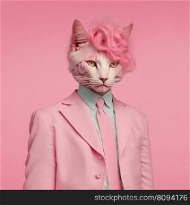 Cool fashion cat with trendy pink haircut in stylish shirt, suit and tie. Pink monochrome portrait. Pop art modern style and lifestyle concept. Contemporary art, creative idea. Generative AI. Fashion cat with pink haircut in shirt. Pink monochrome portrait. AI