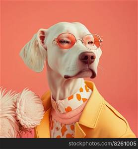 Cool fashion dog in stylish shirt and jacket. Orange monochrome portrait. Pop art modern style and lifestyle concept. Contemporary art, creative idea. Generative AI. Fashion dog in shirt. Orange color monochrome portrait. Generative AI