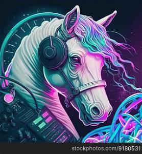 Cool fashion horse in headphones. Pop art futuristic style in neon colors, lifestyle concept. Generative AI. Neon fashion horse in headphones. Generative AI