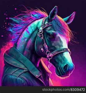 Cool fashion horse in stylish jacket. Pop art futuristic style in neon colors, lifestyle concept. Generative AI. Neon fashion horse in jacket. Generative AI